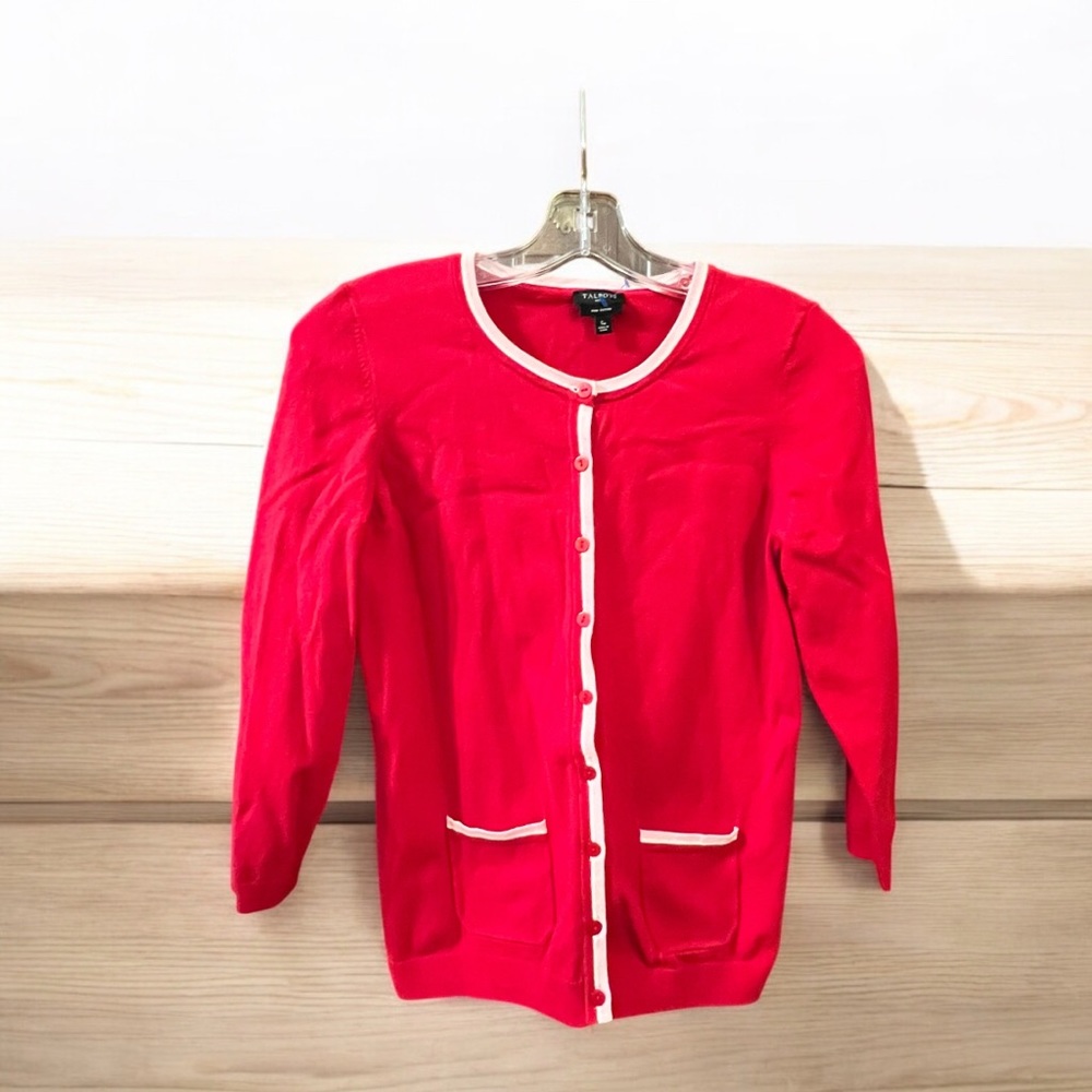 Talbots Red Cardigan Sweater with White Trim